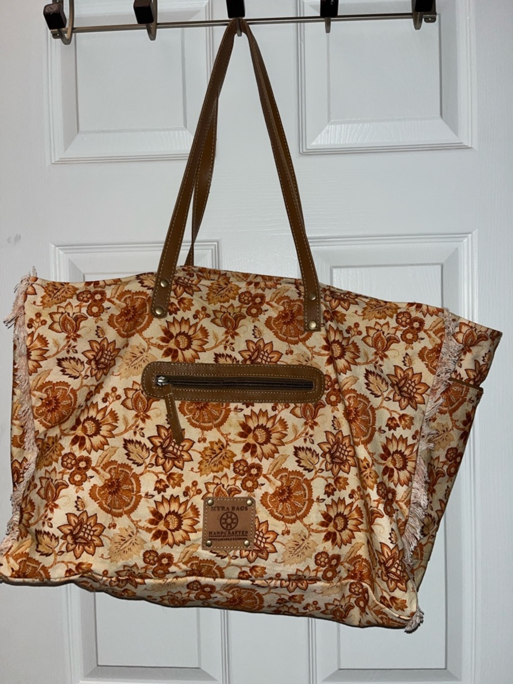 Myra Bag Floral Canvas Tote in Brown and Cream with fringe